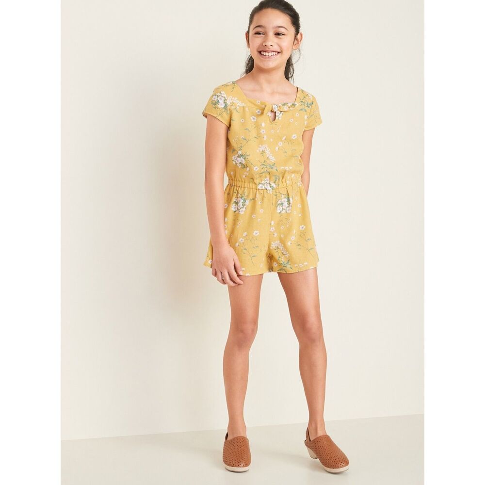 Girls Old Navy Yellow Floral Romper Shorts XL 14-16 Linen Blend - Stylish Summer
